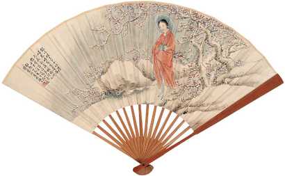 叶曼叔 壬申（1932年）作 仕女 成扇